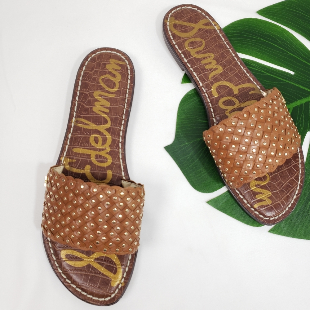 NEW Sam Edelman Brown Lether Woven Embellished Slides Gold Details